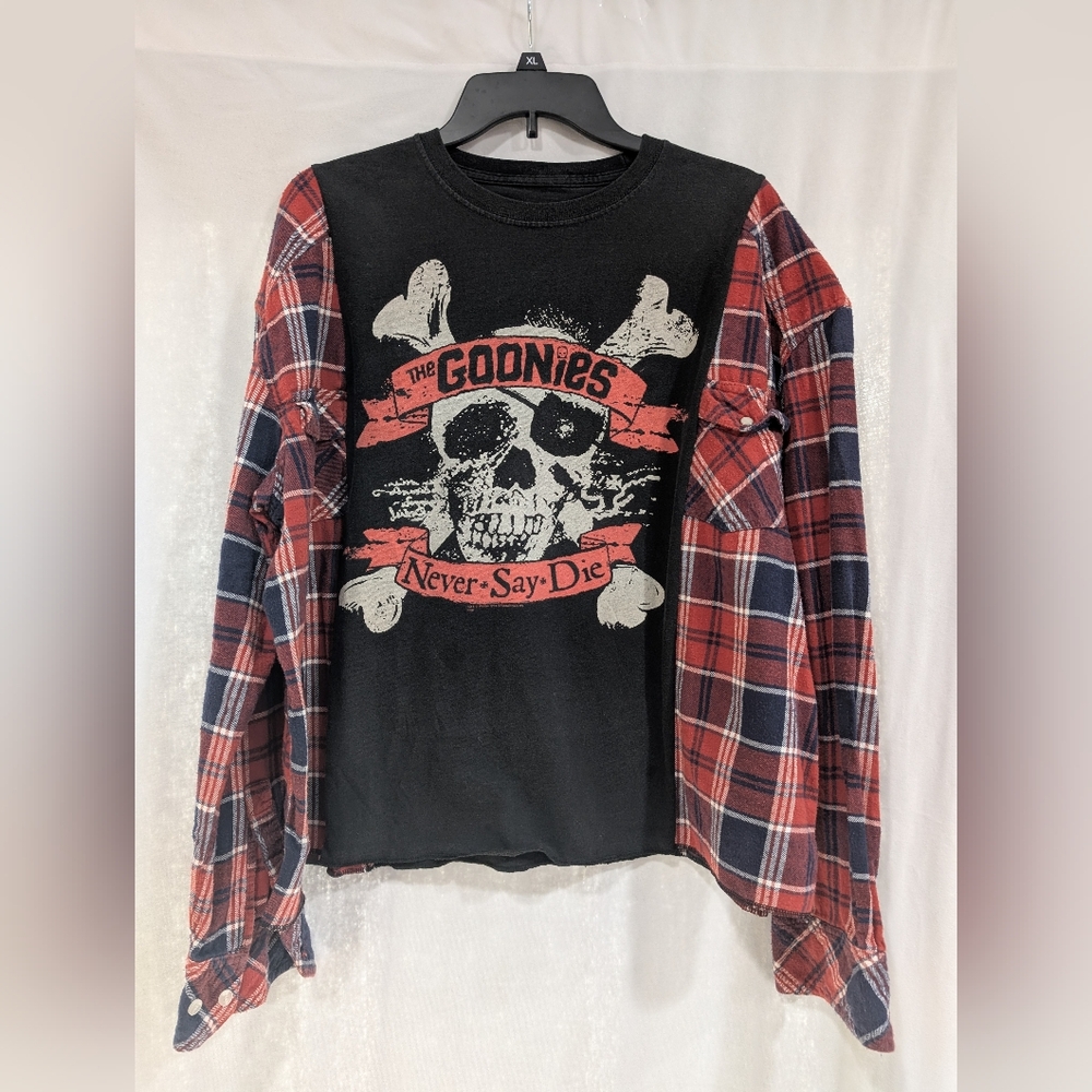 SOLD Handmade Upcycled Reworked Goonies Never Say Die Flannel Mash Up